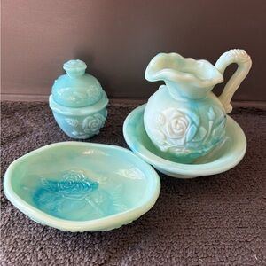 Vintage Avon Victorian Moonwond Jadeite Marbled Milk Glass Vanity Set
